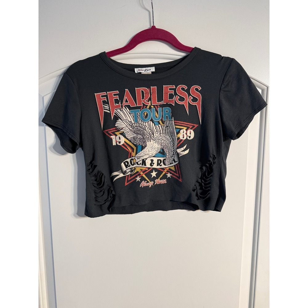 Ruby & Lace Graphic Crop Top S Black NWOT Fearless Tour Distressed Slashed Rock